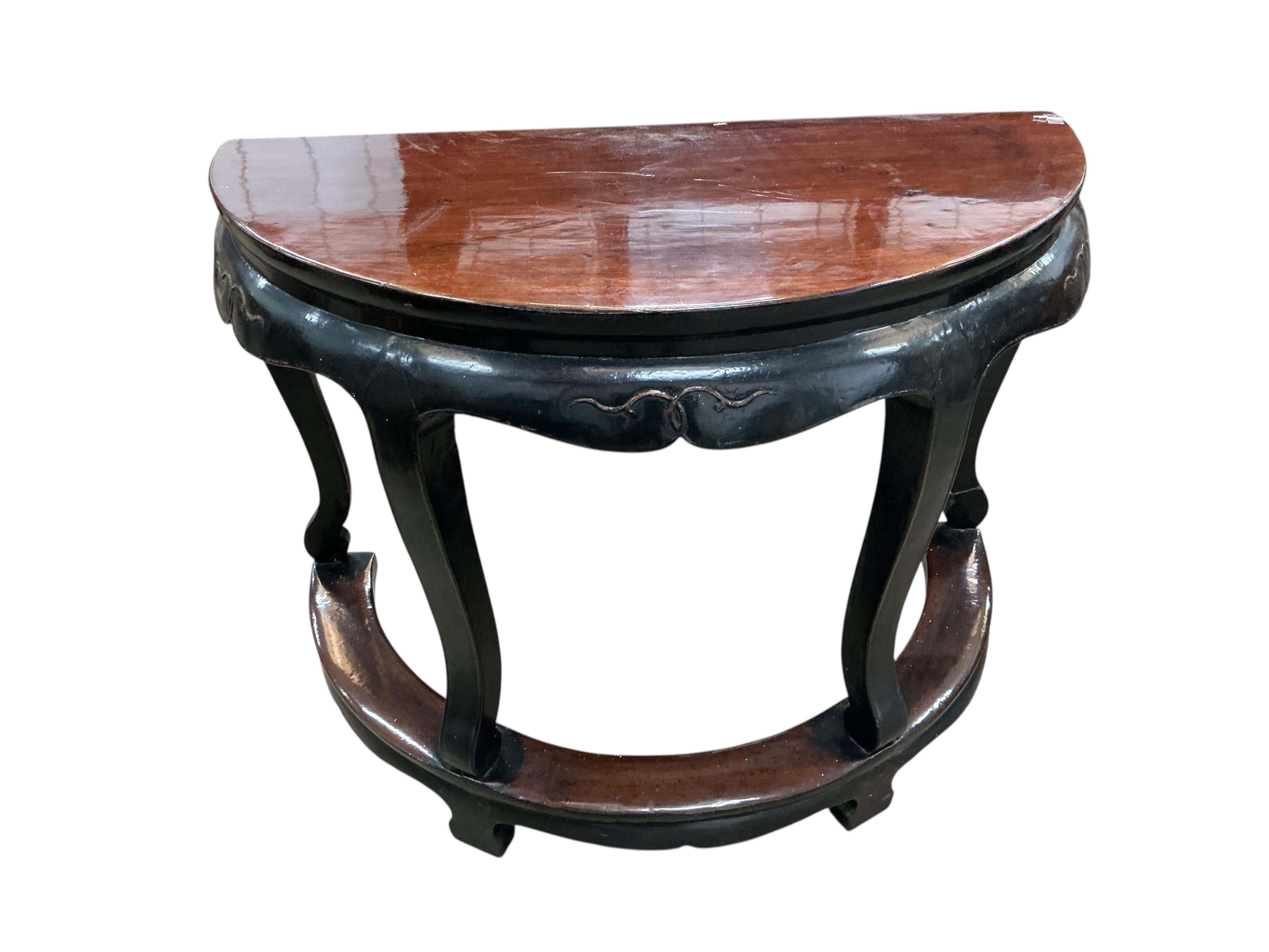 A pair of Chinese demi lune side tables, width 109cm, depth 56cm, height 84cm